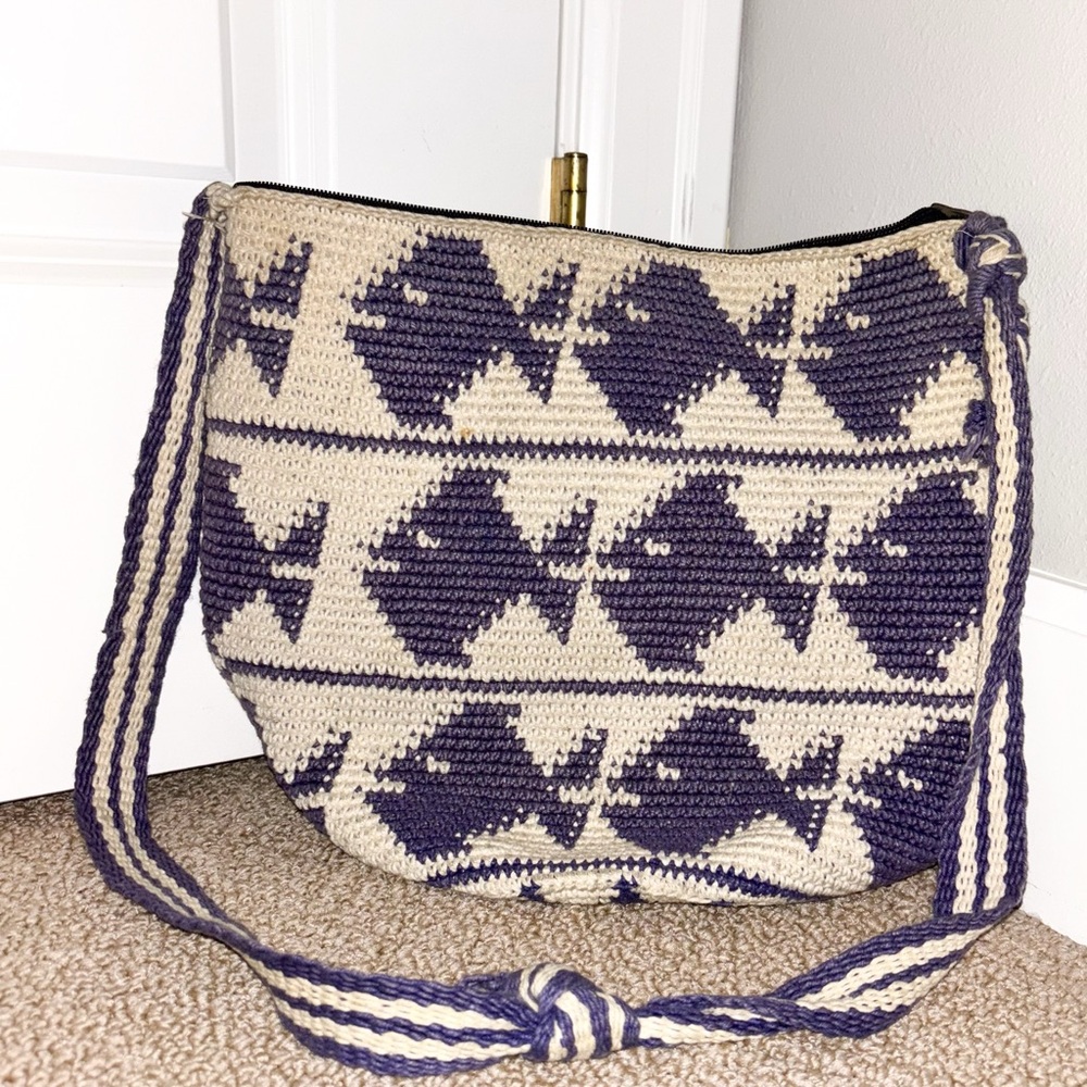 Navy and Beige Fish Patterned Women's Bag
